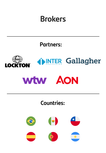 Brokers | Partners: Locktron, INTER Protección, AON, WTW, Gallagher | Countries: Spain, Brazil, Mexico, Argentina, Chile, and Portugal